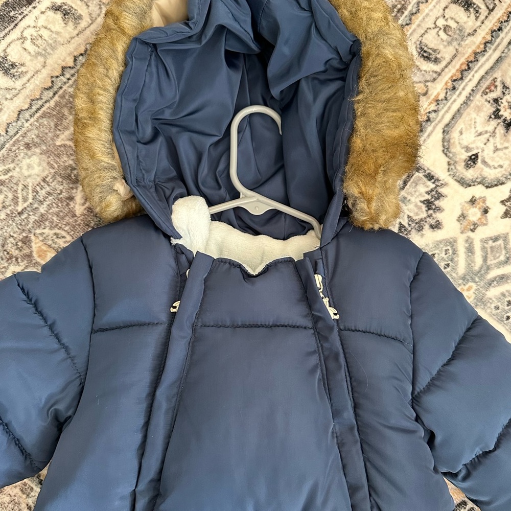 Kids Blue Puffer Jacket with Faux Fur Hood